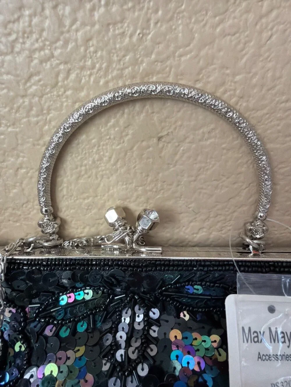 Y2K Max Mayer Black Beaded Sequin Evening Bag Clutch Kiss Lock Chain Strap NEW - Picture 2 of 14